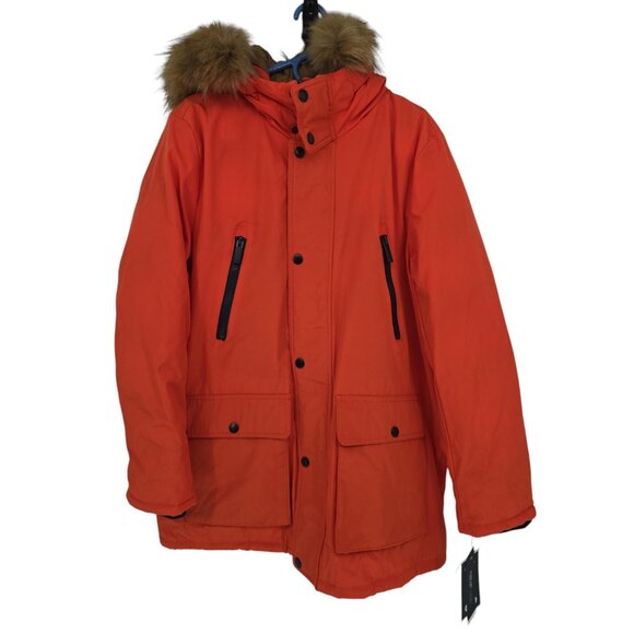Club Room Mens Large Coat Orange Water Resistant Faux Fur Insulated Hooded NWT